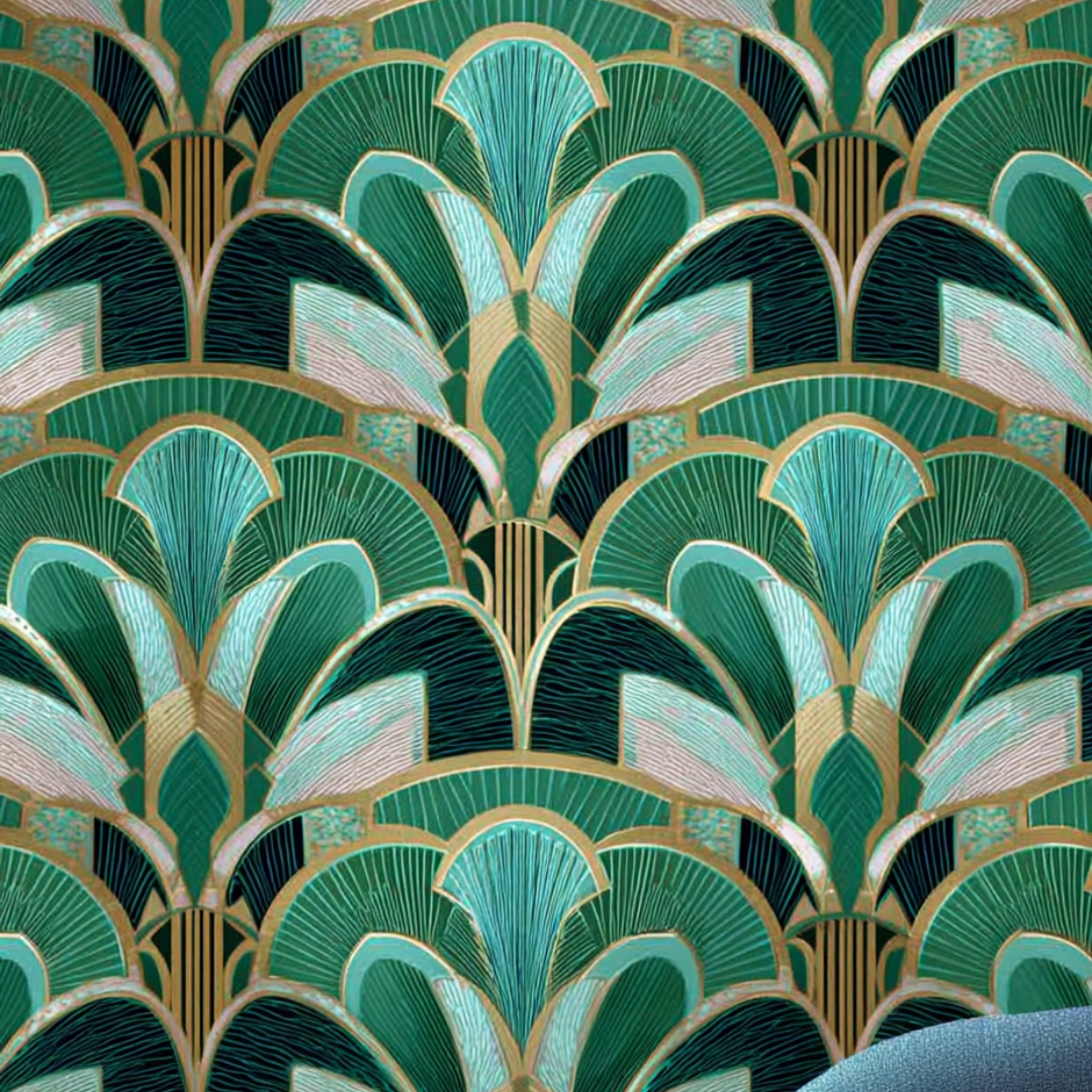 Carta da parati con dettagli floreali verdi stile new deco MC Carta da parati con dettagli floreali verdi
