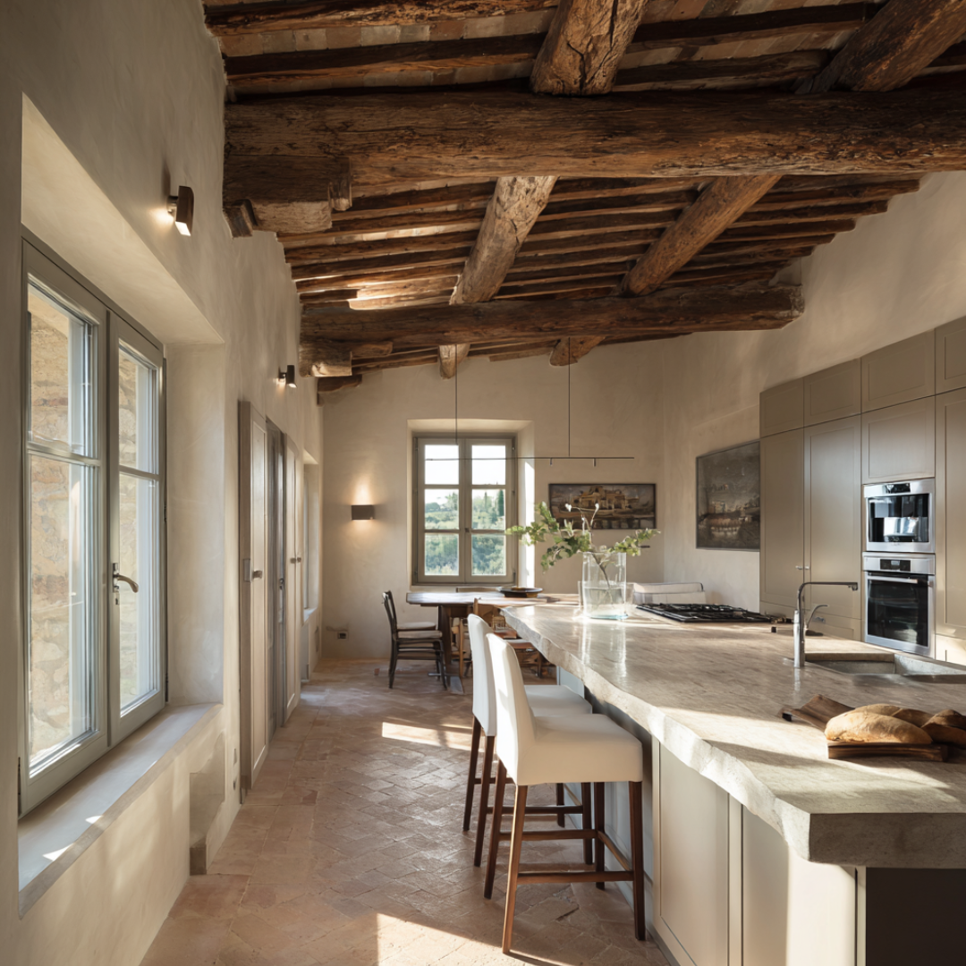 Cucina e sala da pranzo open space con finestre luminose e soffitto con travi a vista MC Cucina e sala da pranzo open space con finestre luminose