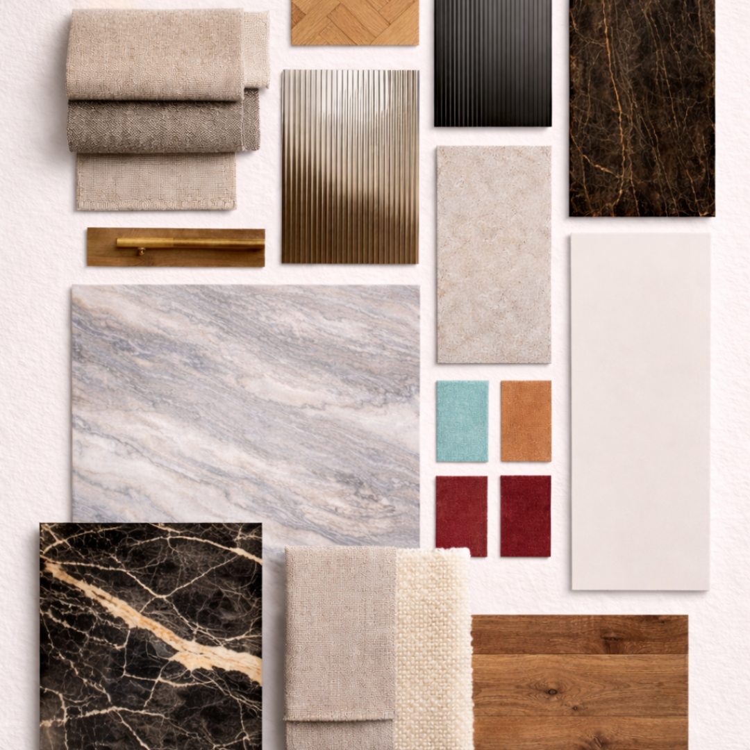 moodboard di materiali, tessili e non con legno, marmo e palette colori moderni MC moodboard di materiali, tessili e non con legno, marmo e palette colori