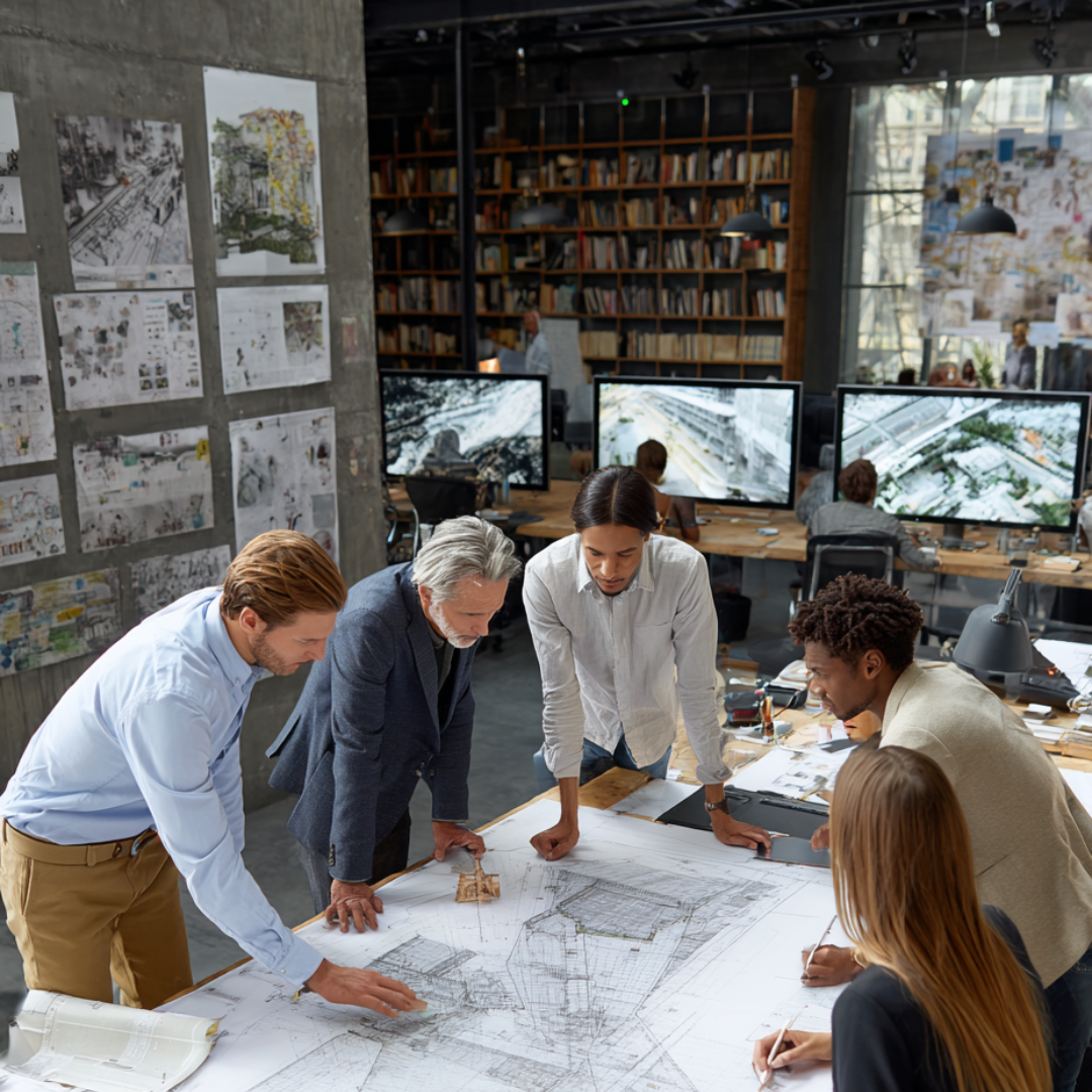 Persone che lavorano e si confrontano su un progetto di architettura in uno studio MC Persone che lavorano e si confrontano su un progetto di architettura