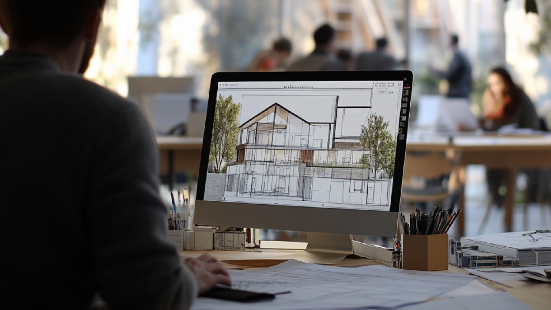 Persona che lavora al computer ad un progetto di architettura MC Persona che lavora al computer