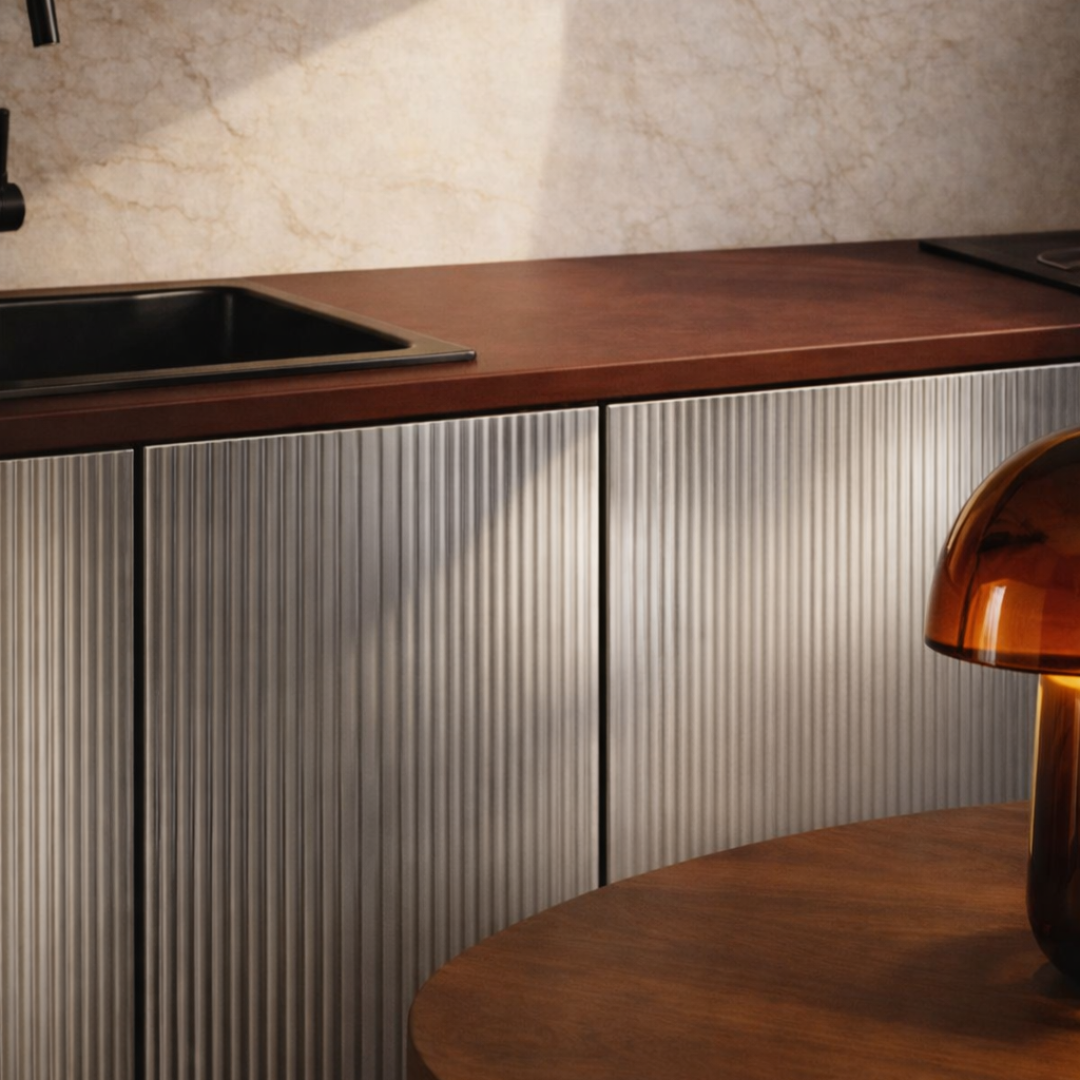 Dettaglio piano di un tavolo di legno con lume di design rosso rame