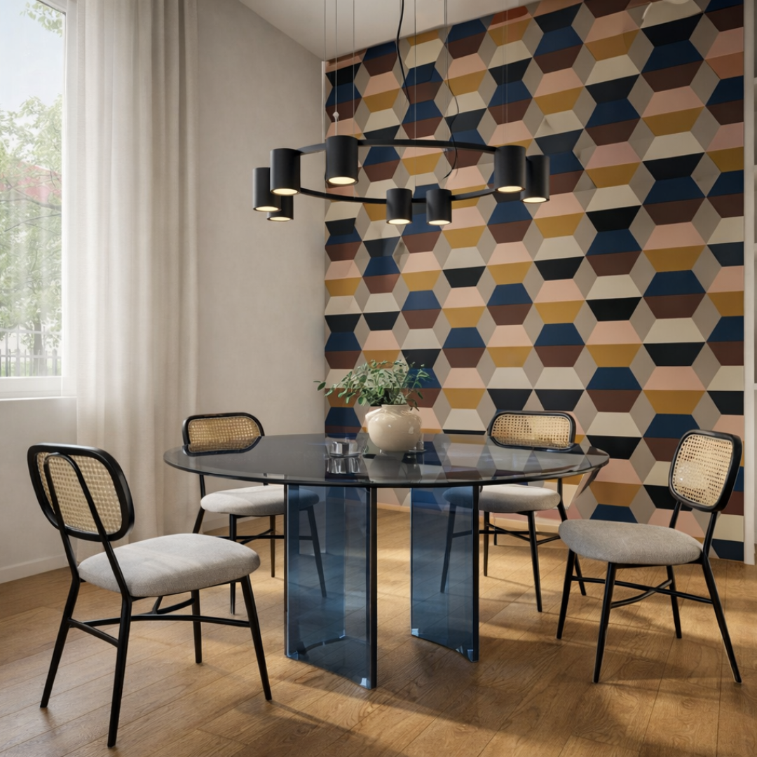 Cucina moderna con tavolo in vetro blu e 4 sedie