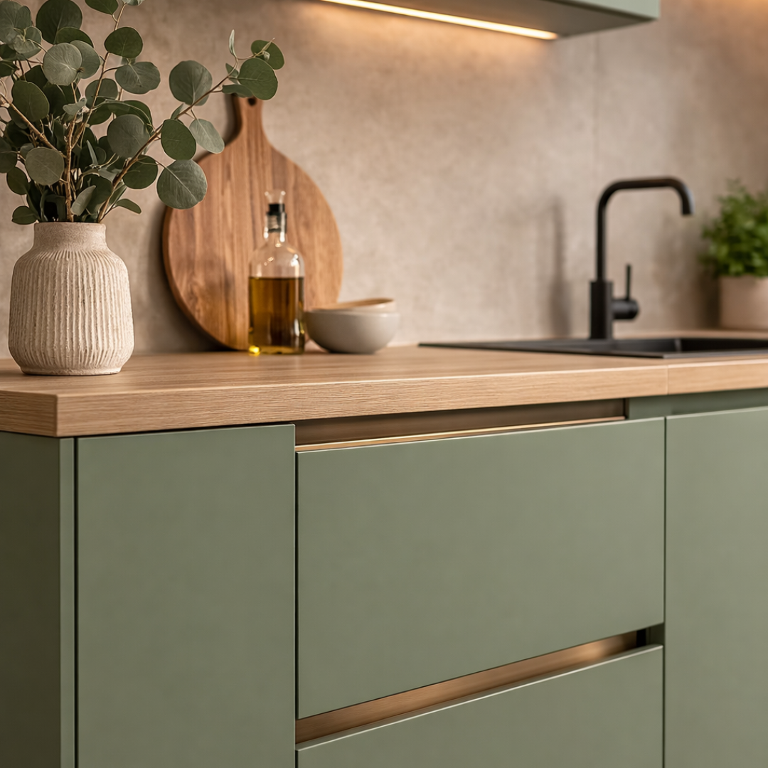 Cucina verde salvia con piano top in legno e accessori da cucina