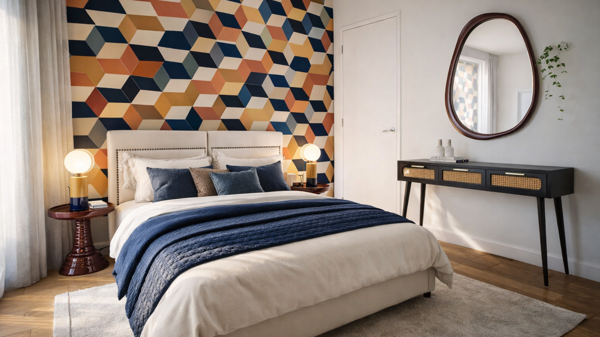 camera da letto matrimoniale con carta da parati geometrica, letto, comò e specchio