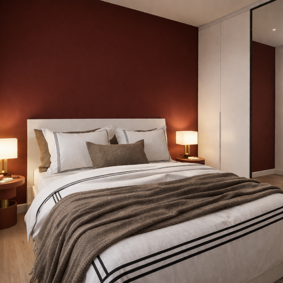 Camera da letto con letto, comodino e armadio