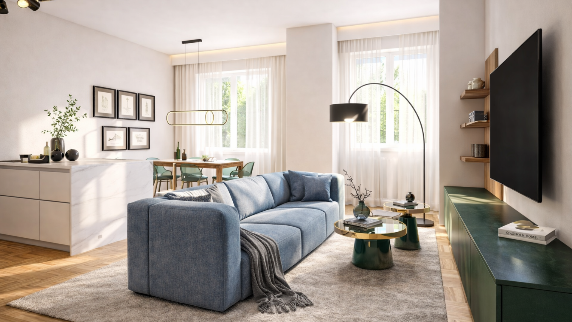 Zona giorno casa moderna con cucina, divano, mobile giorno, tv, lampada tavolo e seggiole