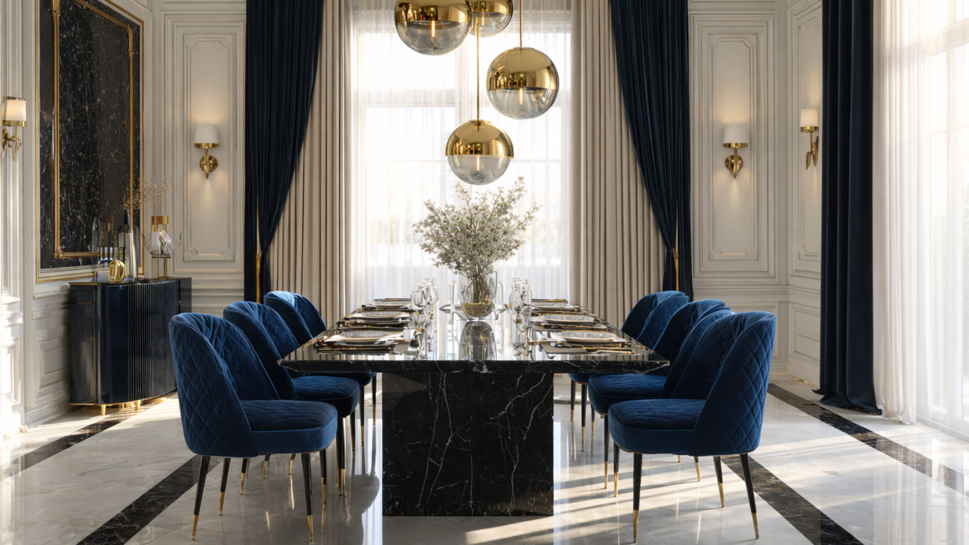 Sala da pranzo con tavolo, sedie, lampadario e pavimento in marmo