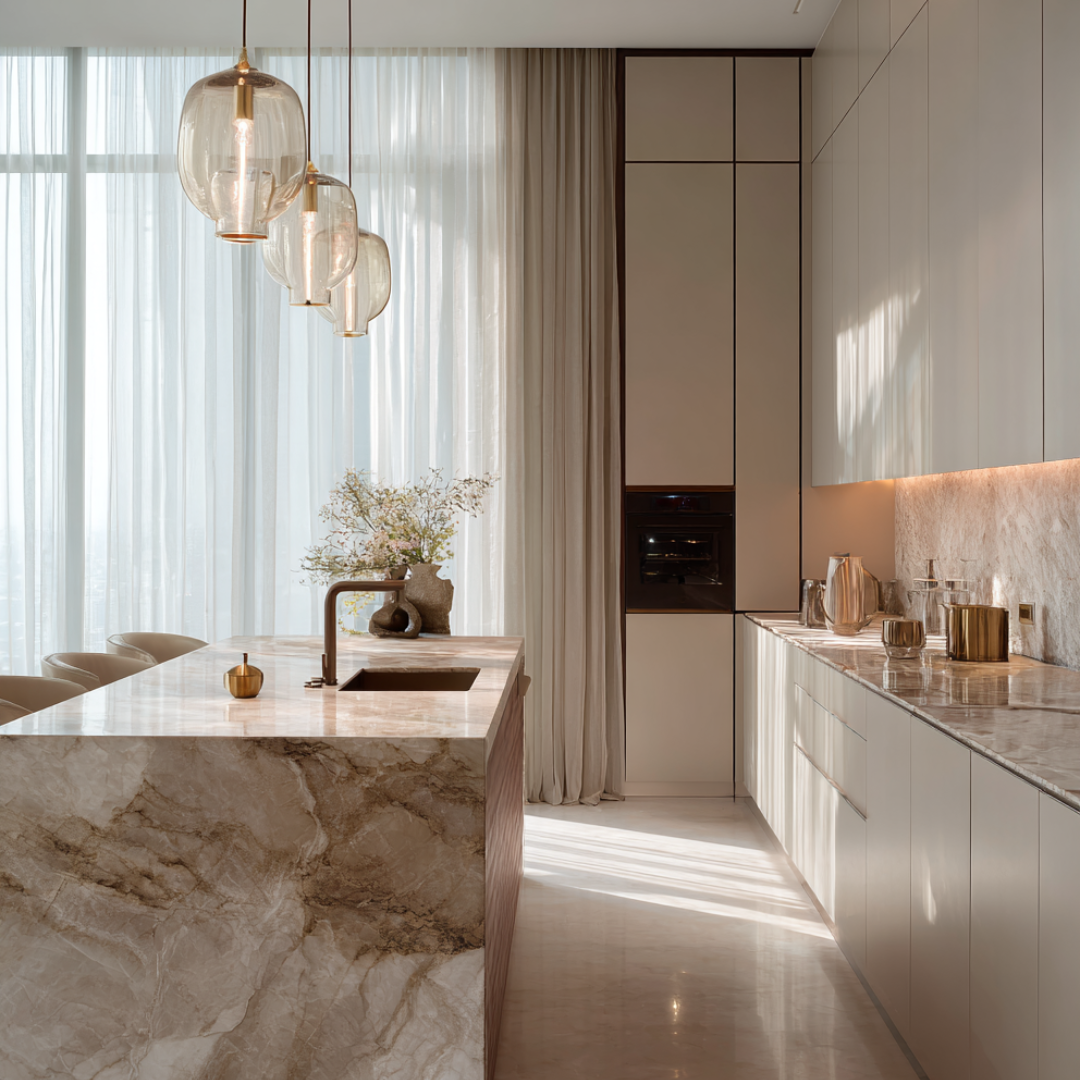 Cucina moderna con isola effetto marmo, mobili beige minimalisti, illuminazione a sospensione e ampie vetrate che valorizzano la luce naturale in un ambiente contemporaneo elegante.