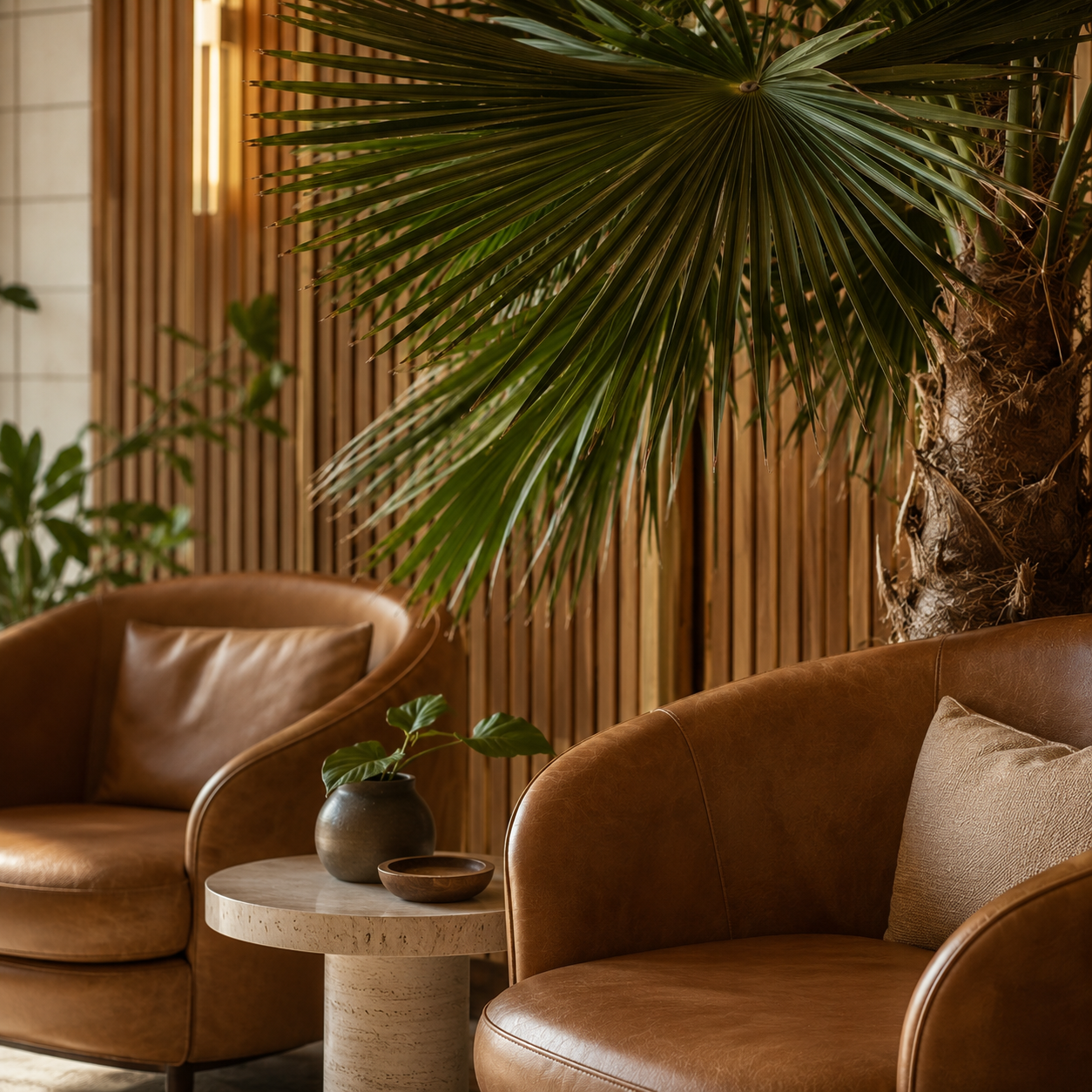 Design biofilico e materiali naturali negli spazi hospitality Dettaglio di area lounge hospitality con poltrone in pelle, palma decorativa e materiali naturali