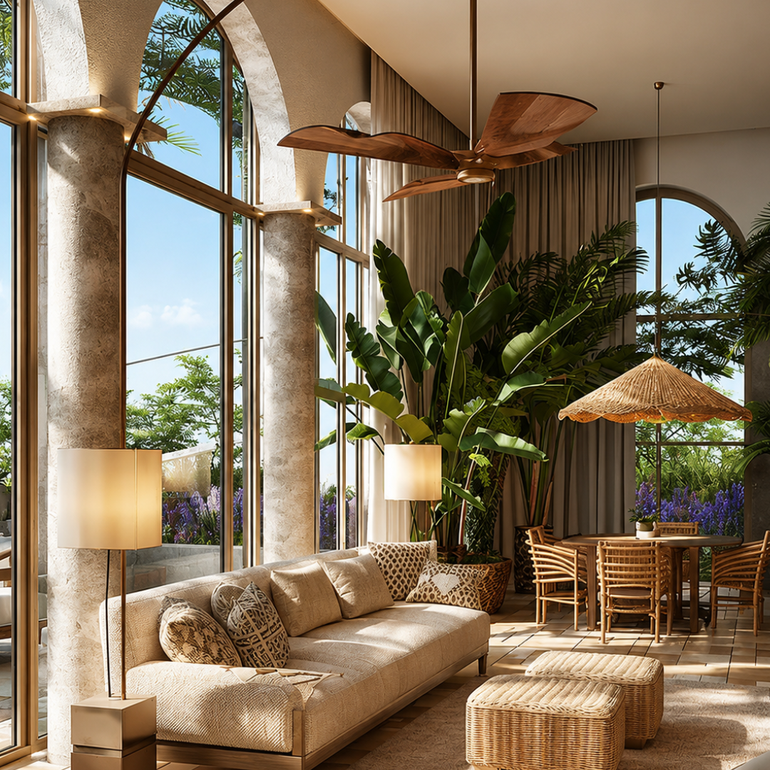 Spazio hospitality di alta gamma con luce naturale, ampie vetrate e design ispirato alla natura