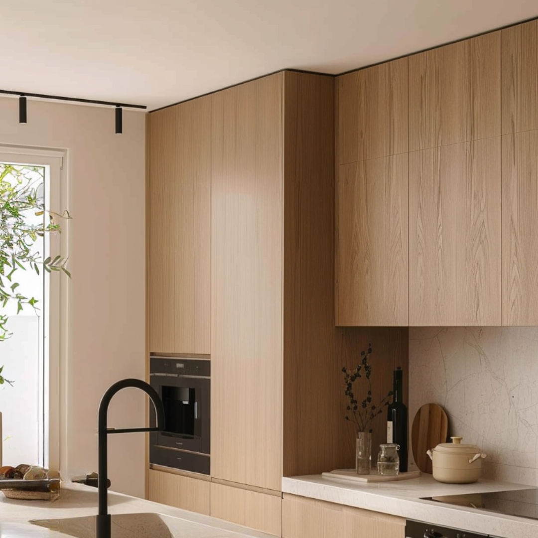 Cucina contemporanea in legno: essenzialità, luce naturale e materiali senza tempo Cucina moderna con colonne e pensili effetto legno chiaro, top bianco, rubinetto nero opaco, elettrodomestici da incasso e illuminazione naturale proveniente da una grande finestra laterale.