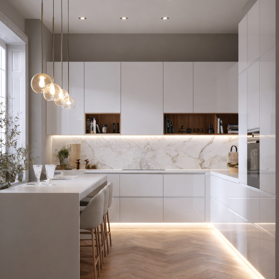 Cucina moderna di lusso: minimalismo elegante con marmo e dettagli in legno Cucina contemporanea con isola, ante bianche lucide senza maniglie, top e schienale effetto marmo Calacatta, nicchie in legno, illuminazione LED integrata e lampade a sospensione in vetro.