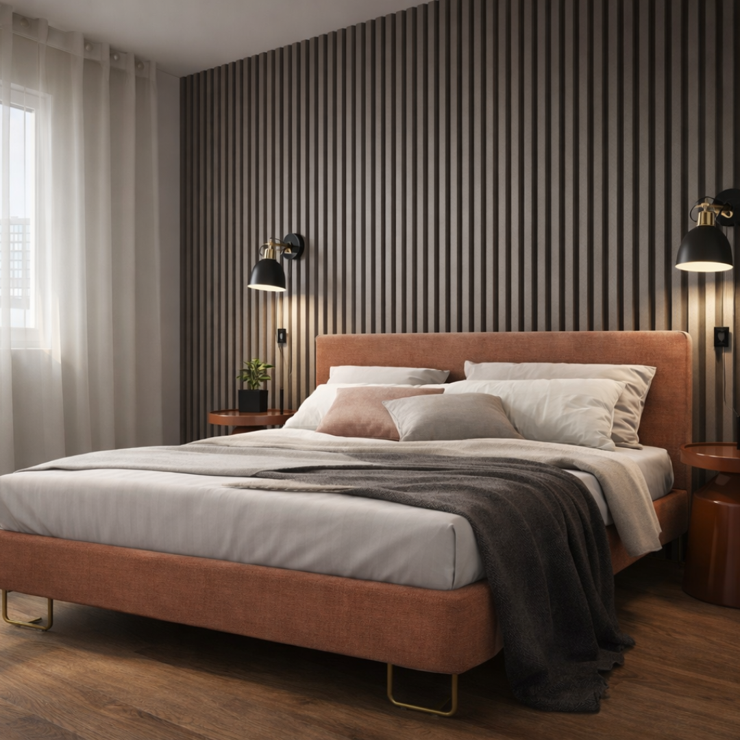 Zona giorno open space con cucina moderna e sala da pranzo, caratterizzata da boiserie in legno scuro, tavolo in legno con sedie imbottite, pensili bianchi, illuminazione di design e ampie finestre che diffondono luce naturale.