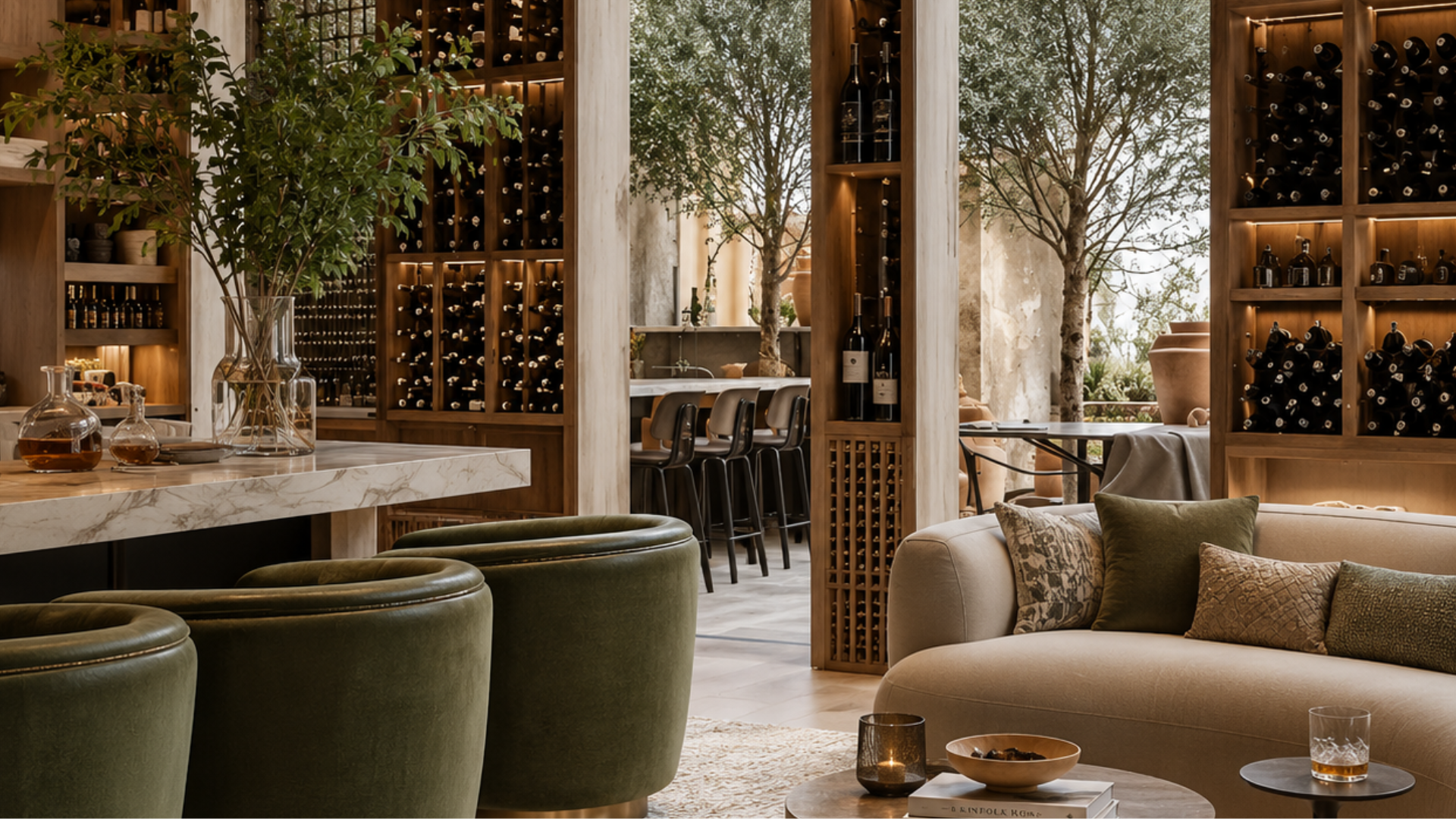 Eleganza e convivialità negli spazi hospitality di lusso Lounge hospitality di alta gamma con cantina a vista, materiali pregiati e design contemporaneo