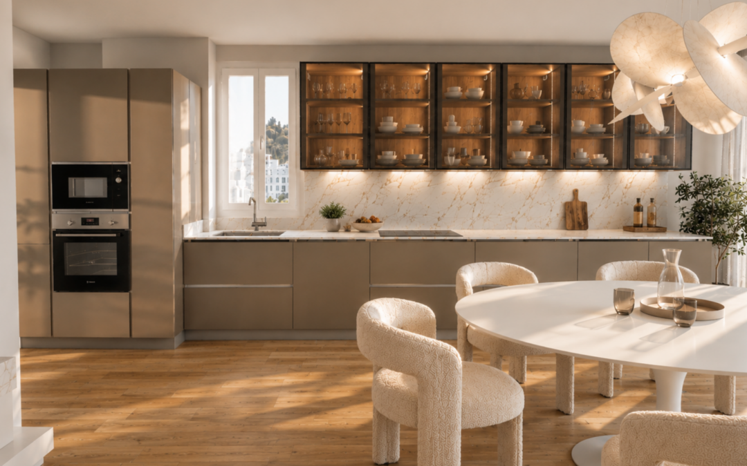 Cucina moderna open space con vetrine illuminate, finiture effetto marmo, tavolo da pranzo bianco e sedute imbottite dal design elegante in un ambiente luminoso e contemporaneo.