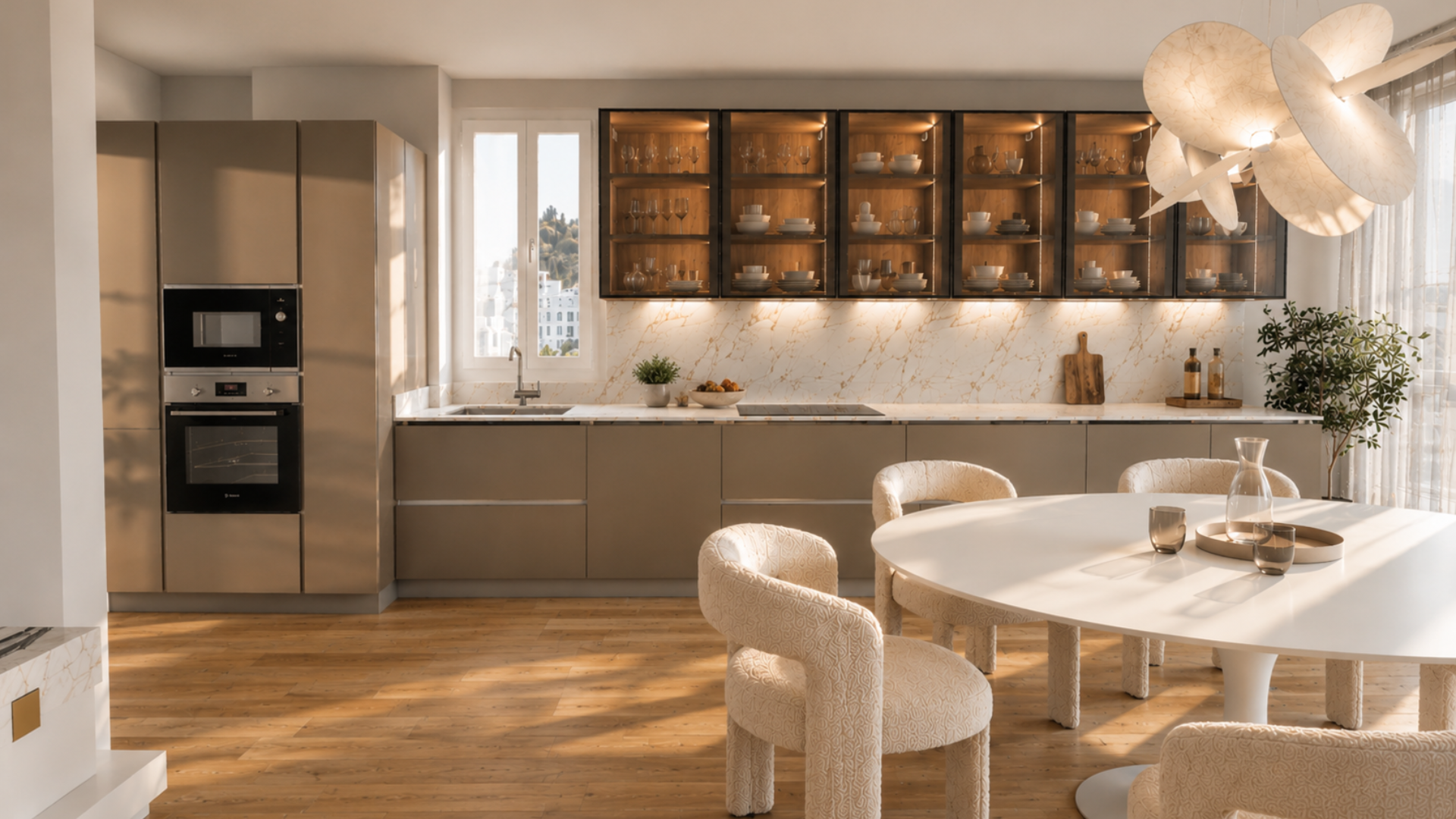 Cucina moderna open space con vetrine illuminate, finiture effetto marmo, tavolo da pranzo bianco e sedute imbottite dal design elegante in un ambiente luminoso e contemporaneo.