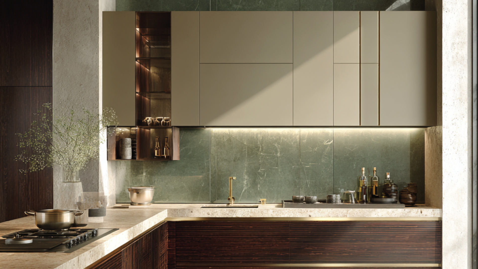 Cucina di design senza tempo: eleganza contemporanea tra materiali naturali e dettagli su misura Cucina moderna di alta gamma con basi in legno scuro, pensili color avorio opaco, top in pietra naturale, schienale effetto marmo verde e illuminazione LED integrata. Il design minimalista valorizza materiali pregiati, proporzioni equilibrate e dettagli artigianali.