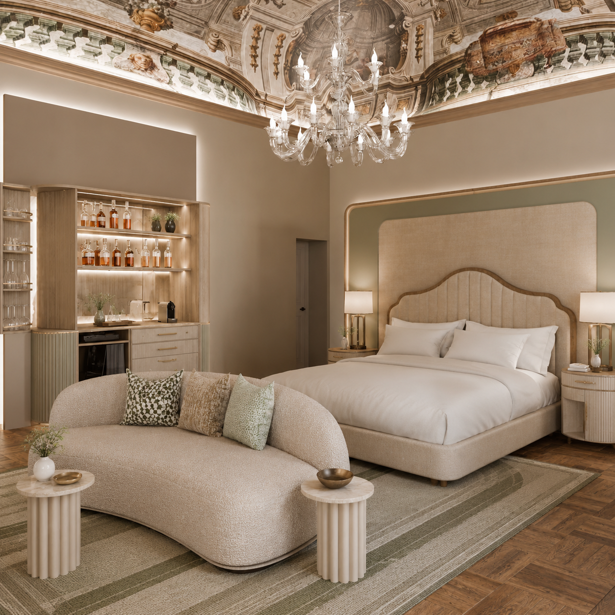 Cucina contemporanea con isola, ante bianche lucide senza maniglie, top e schienale effetto marmo Calacatta, nicchie in legno, illuminazione LED integrata e lampade a sospensione in vetro.