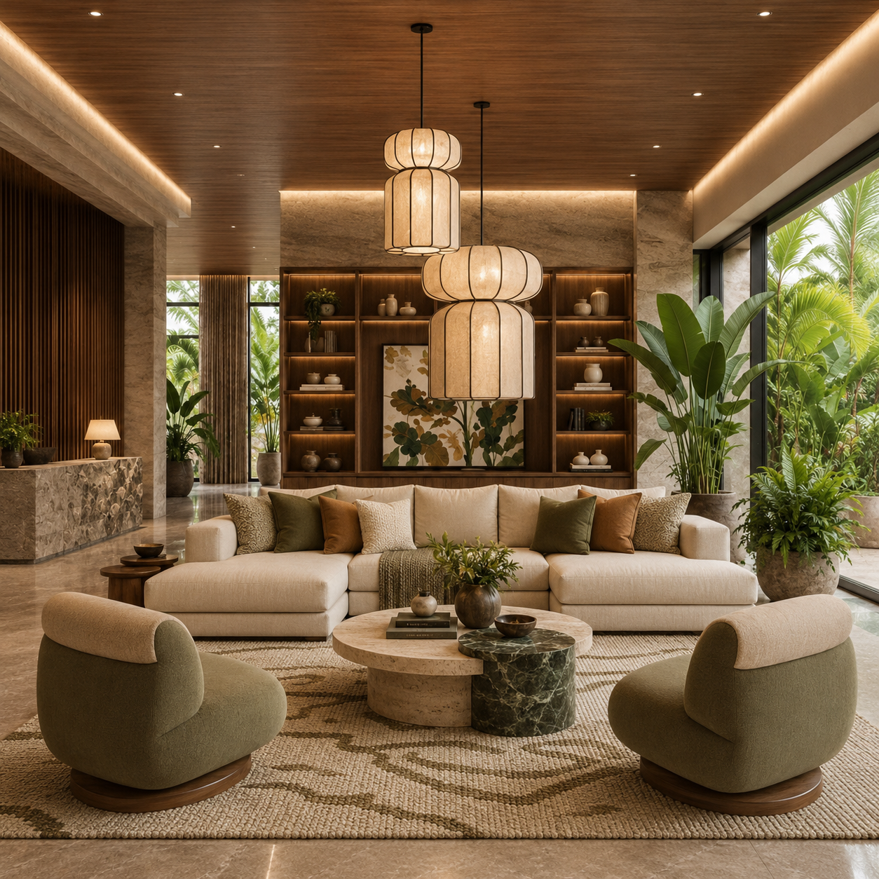Zona giorno open space con cucina moderna e sala da pranzo, caratterizzata da boiserie in legno scuro, tavolo in legno con sedie imbottite, pensili bianchi, illuminazione di design e ampie finestre che diffondono luce naturale