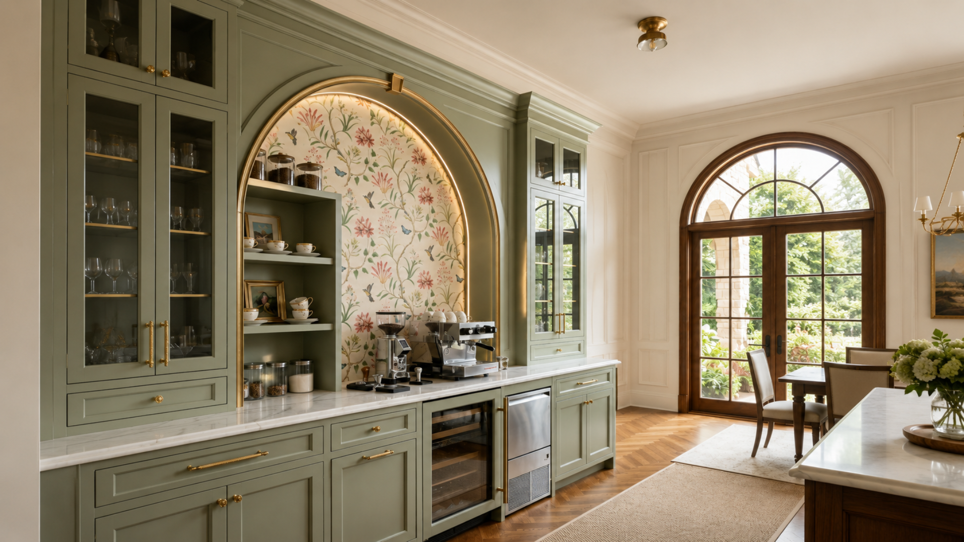 Cucina verde salvia con angolo caffè Cucina elegante verde salvia con carta da parati floreale e dettagli in ottone