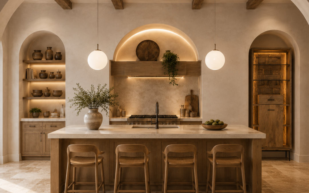 Cucina mediterranea con isola centrale, sgabelli in legno e lampade a sospensione sferiche