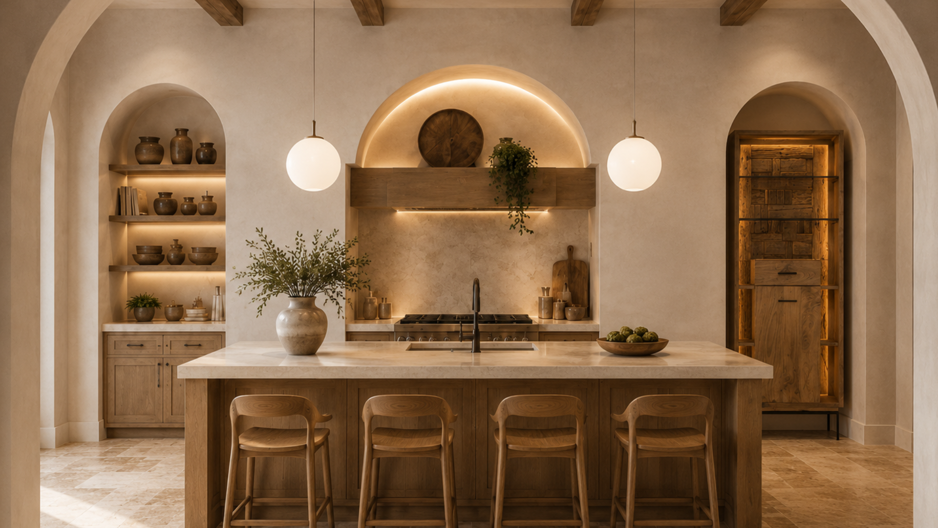 Cucina mediterranea con isola centrale, sgabelli in legno e lampade a sospensione sferiche