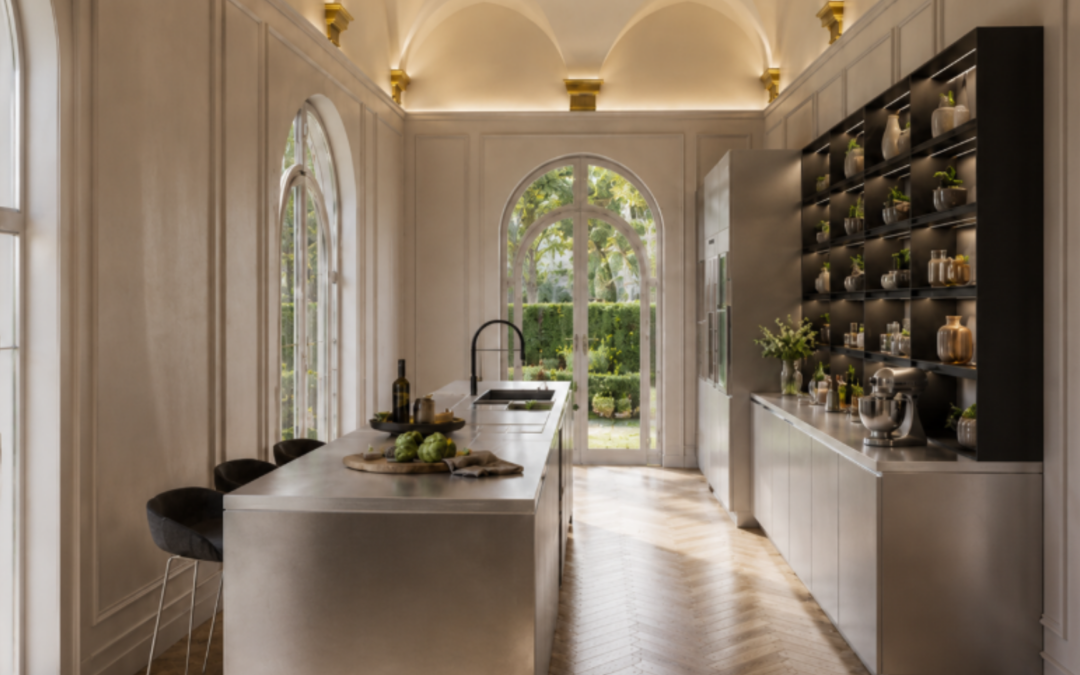 Cucina di lusso con soffitti a volta, grandi finestre ad arco, isola centrale e arredi contemporanei su misura.